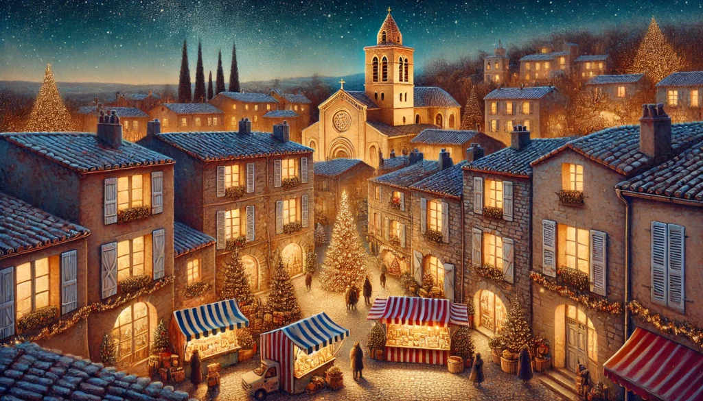 Illustration d'un village provençal pendant Noël, avec des maisons illuminées, une église, des stands de marché colorés, et des décorations festives sous un ciel étoilé.