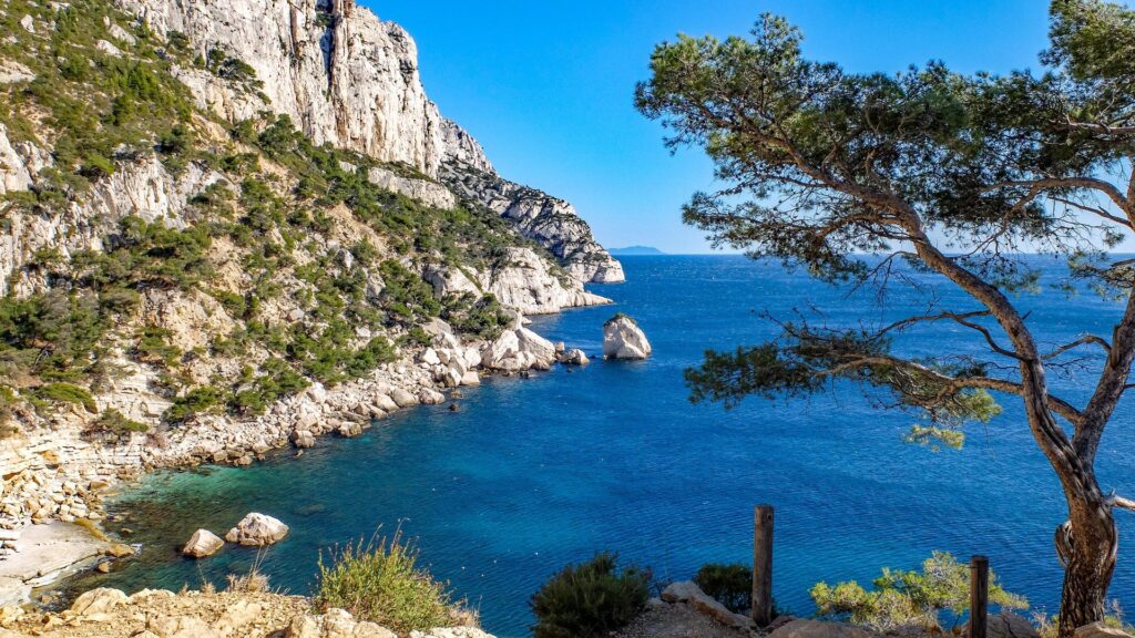 Vue sur les calanques ensoleillées de Provence avec des eaux cristallines et des falaises blanches, illustrant les activités de randonnée et la beauté naturelle de la région.