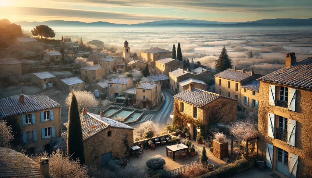 Village du Luberon en hiver, avec des maisons en pierre, des rues pavées, et des montagnes lointaines sous une lumière hivernale douce, évoquant une atmosphère calme et sereine.