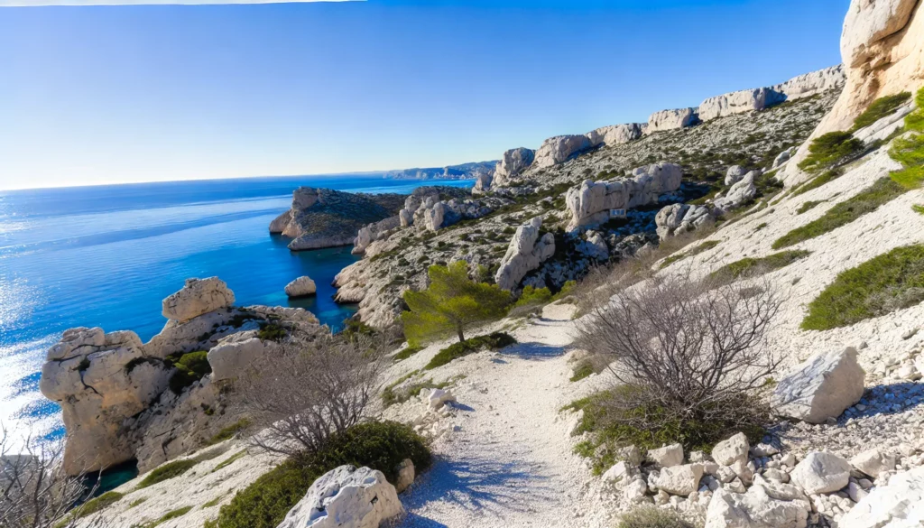 Paysage hivernal des Calanques de Marseille, avec des falaises rocheuses plongeant dans la mer turquoise sous un ciel limpide, sans neige, créant une atmosphère calme et sereine.