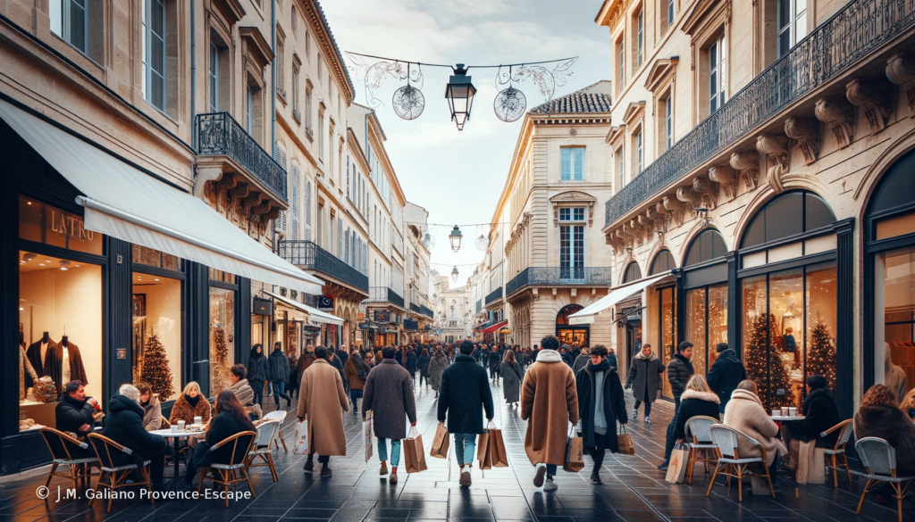 Rue en Provence avec passants hivernaux, magasins illuminés et cafés bondés.