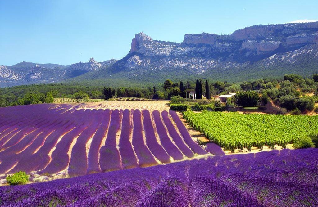 Champs de lavande ondulant sous le soleil de Provence avec les montagnes en arrière-plan.