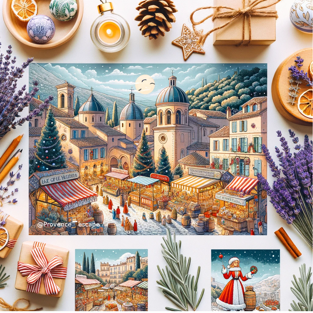 Marché de Noël traditionnel en Provence avec des stands, des visiteurs et des décorations festives, représentant l'esprit des fêtes de fin d'année.