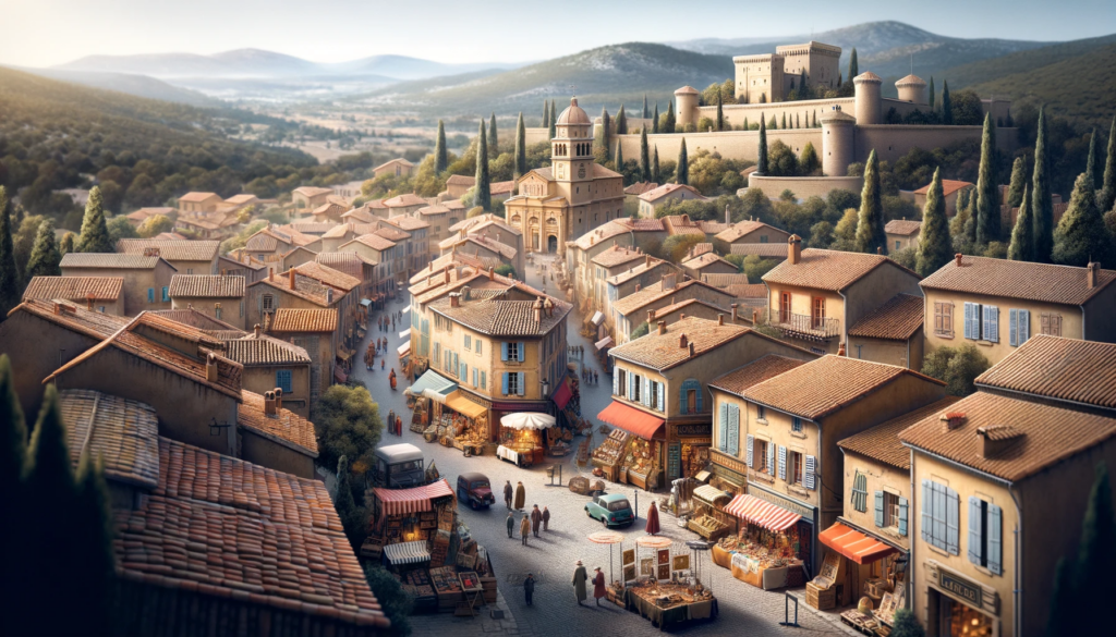 Scène réaliste d'un village provençal avec des toits en terracotta, animé par des activités culturelles, des étals de marché colorés et des artistes locaux, avec un château historique en arrière-plan sous un ciel d'hiver clair.