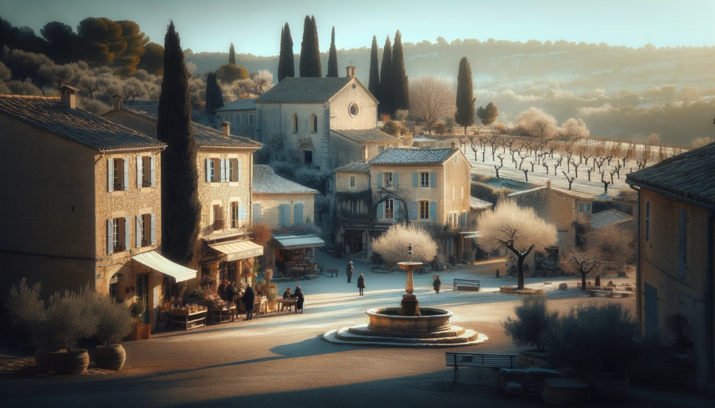 Scène hivernale paisible dans la campagne provençale, avec des oliveraies et des vignobles sous un ciel limpide, un village traditionnel avec des maisons en pierre et une fontaine historique, et des habitants interagissant avec des artisans locaux.