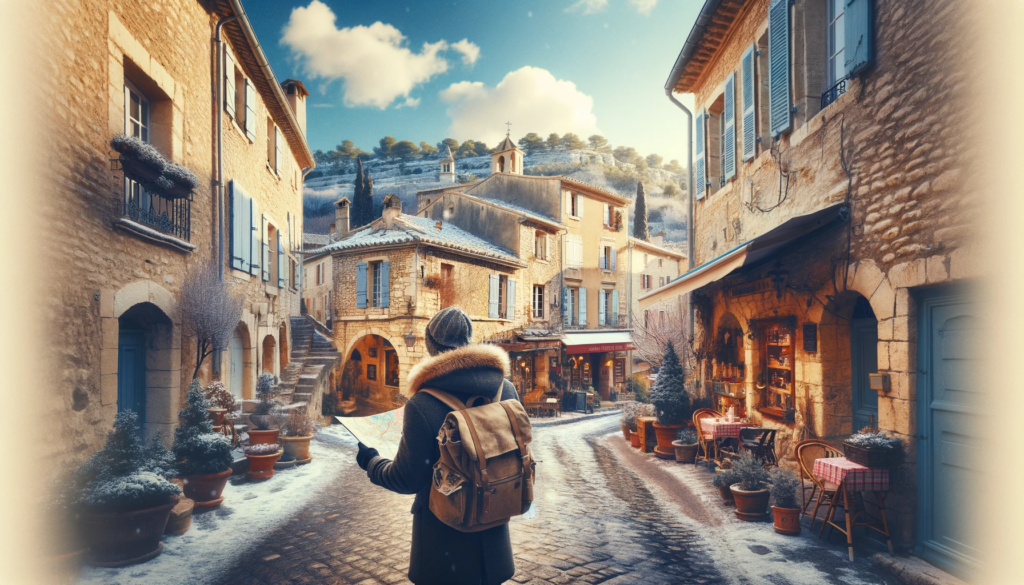 Scène hivernale pittoresque en Provence, montrant un voyageur enveloppé de vêtements chauds, explorant les rues pavées d'un village charmant. L'image capture l'essence d'une visite en Provence en hiver, avec des bâtiments historiques, des cafés accueillants et un ciel bleu clair. Le voyageur regarde une carte, symbolisant la planification et la découverte, avec en arrière-plan le beau paysage provençal en hiver.