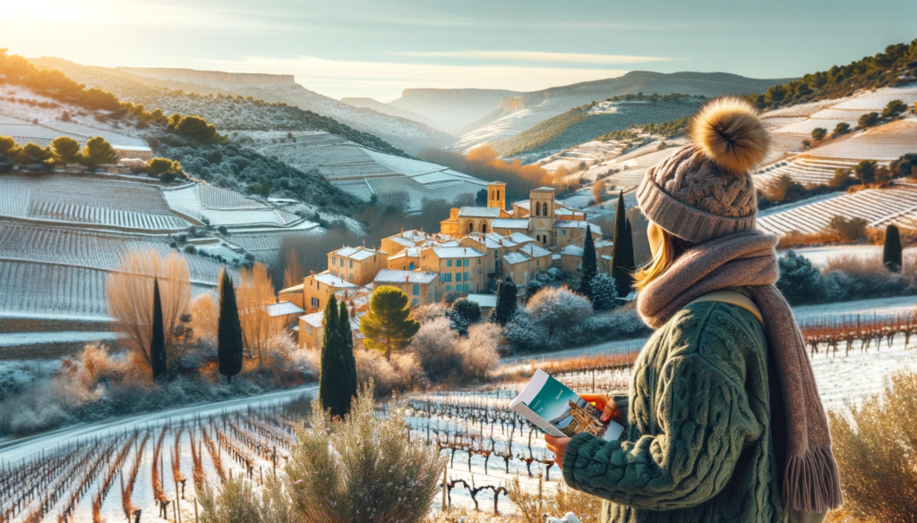 Un voyageur en hiver en Provence, vêtu de vêtements chauds et tenant un guide, debout devant un paysage provençal pittoresque avec des collines ondulantes et des vignobles. La scène capture l'essence de l'exploration de la Provence en hiver, avec un accent sur la beauté sereine de la campagne et le charme de la vie rurale.