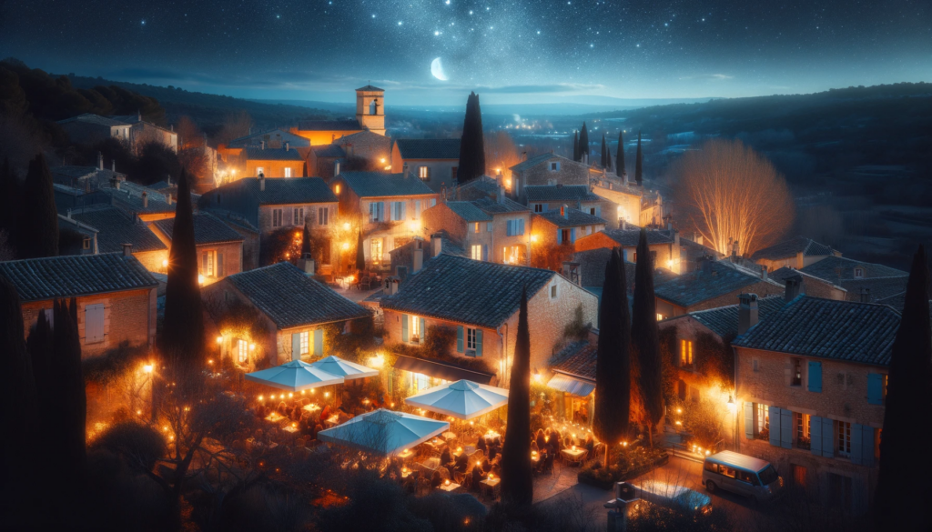 Un soir d'hiver tranquille dans un village provençal, montrant la lueur chaude des lumières des cafés cosy et des maisons sur fond de ciel étoilé. La scène capture l'essence de la Provence en hiver, avec son atmosphère paisible, son charme historique, et l'accueil chaleureux de l'hospitalité locale.