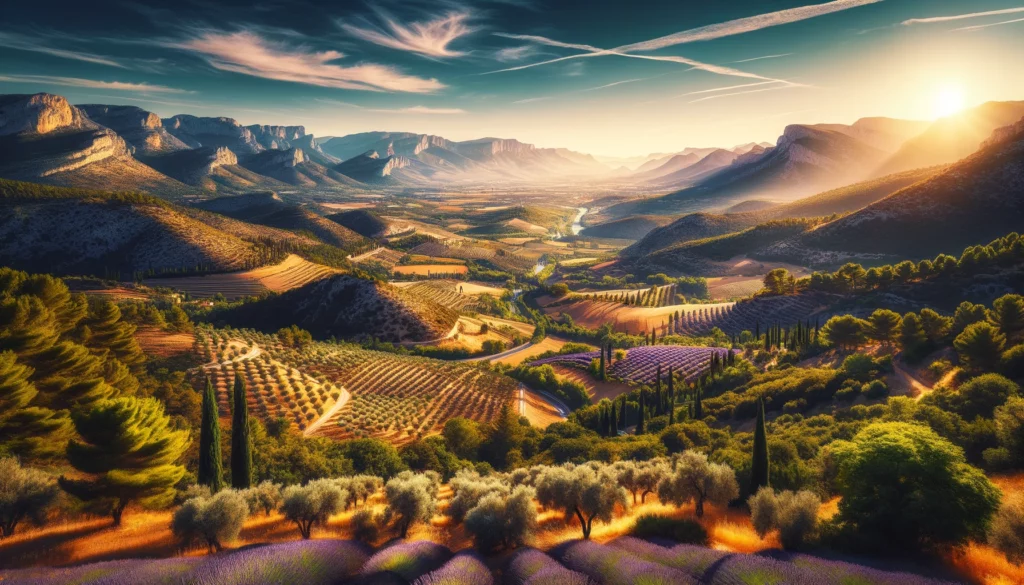 Vue panoramique des Alpilles en Provence avec des oliviers et des champs de lavande.