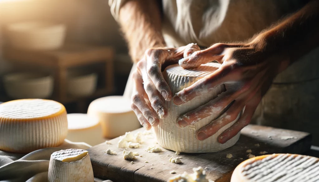 Artisan préparant du fromage Chèvre dans une fromagerie provençale, mettant en avant le processus traditionnel.