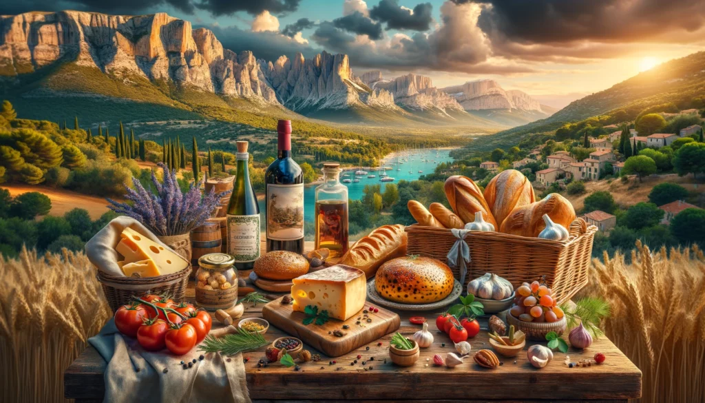 Paysage pittoresque de la Provence mettant en avant son riche héritage culinaire, avec un assortiment de spécialités locales.