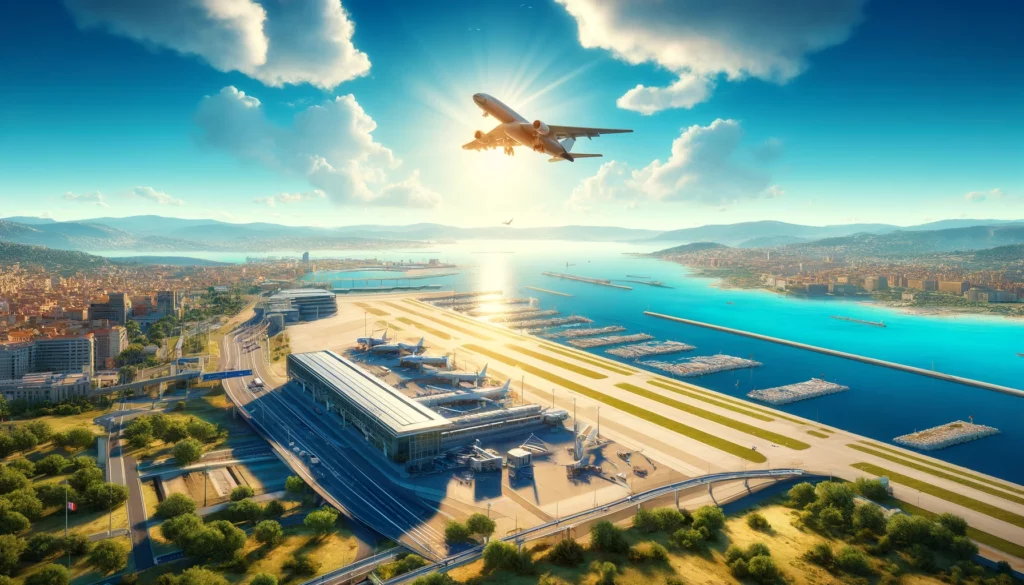 Vue aérienne réaliste de l'aéroport de Marseille et de la côte environnante, avec des avions en vol