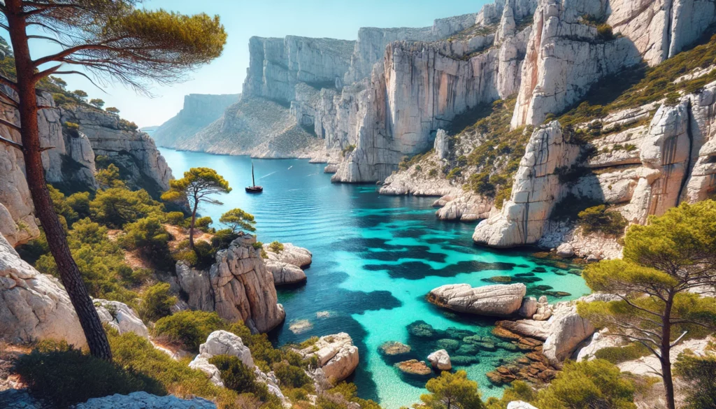 Paysage des Calanques près de Marseille avec des falaises de calcaire blanc et une mer turquoise.