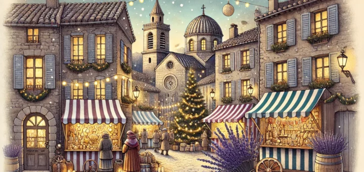 Illustration d'un marché de Noël provençal, avec des maisons en pierre, église, stands colorés, et décorations festives dans un style chaleureux et artisanal.