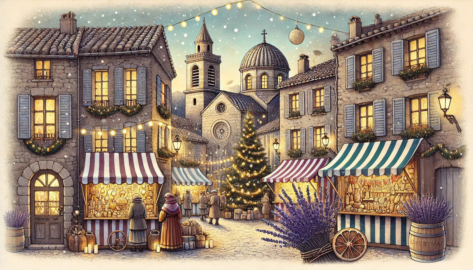 Illustration d'un marché de Noël provençal, avec des maisons en pierre, église, stands colorés, et décorations festives dans un style chaleureux et artisanal.