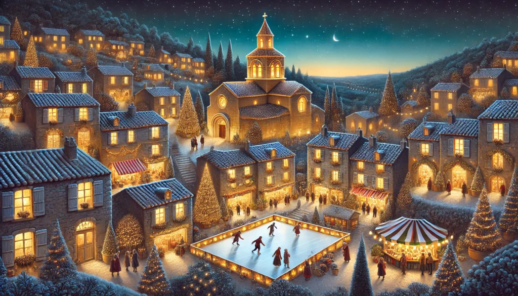 Illustration d'un village provençal pendant Noël, avec une église illuminée, des maisons décorées, une patinoire centrale, et des stands de marché sous un ciel étoilé.