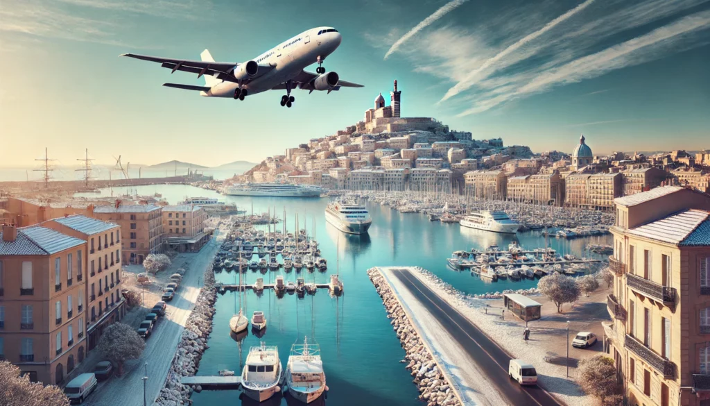 Vue hivernale du Vieux-Port de Marseille, avec la basilique Notre-Dame de la Garde sur la colline et un avion survolant le port.